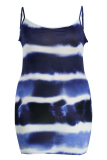 Blue Fashion Sexy Plus Size Print Tie Dye Backless Spaghetti Strap Sleeveless Dress