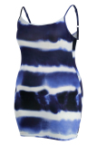 Blue Fashion Sexy Plus Size Print Tie Dye Backless Spaghetti Strap Sleeveless Dress