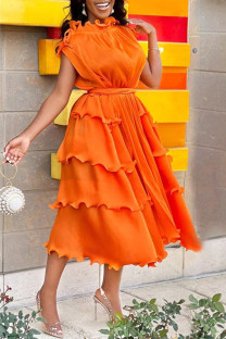 Orange Red Fashion Casual Solid Patchwork Half A Turtleneck Sleeveless Dress