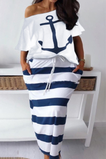 White Fashion Casual Print Basic Oblique Collar Plus Size Two Pieces
