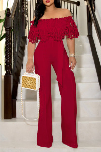 Purplish Red Elegant Solid Hollowed Out Patchwork Off the Shoulder Straight Jumpsuits