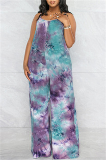 Purple Fashion Casual Print Tie-dye Backless Spaghetti Strap Plus Size Jumpsuits