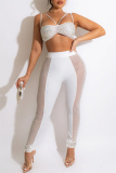 White Fashion Sexy Patchwork Hot Drilling See-through Backless Spaghetti Strap Sleeveless Two Pieces
