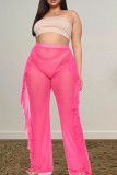 Pink Casual Solid Flounce Mesh Plus Size Swimwear