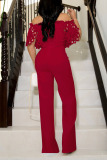 Purplish Red Elegant Solid Hollowed Out Patchwork Off the Shoulder Straight Jumpsuits