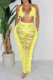 Yellow Fashion Sexy Solid Bandage Patchwork Backless Halter Sleeveless Two Pieces