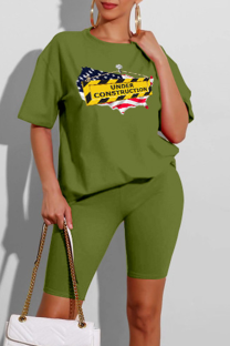 Green Fashion Print Patchwork O Neck T-Shirts
