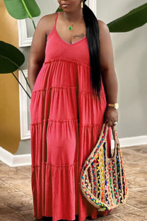 Watermelon Red Casual Solid Patchwork Pearl Spaghetti Strap Sling Dress Plus Size Dresses