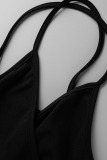 Black Sexy Solid Patchwork Flounce Asymmetrical Spaghetti Strap Dresses