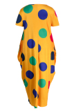 Yellow Fashion Casual Dot Print Basic O Neck Short Sleeve Dress Plus Size Dresses