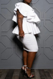 White Elegant Solid Patchwork Flounce Asymmetrical Asymmetrical Collar One Step Skirt Plus Size Dresses