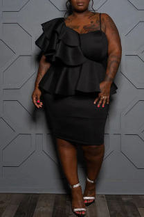 Black Elegant Solid Patchwork Flounce Asymmetrical Asymmetrical Collar One Step Skirt Plus Size Dresses
