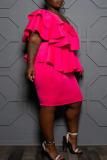 Rose Red Elegant Solid Patchwork Flounce Asymmetrical Asymmetrical Collar One Step Skirt Plus Size Dresses