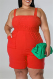 Rose Red Sexy Casual Solid Backless Square Collar Plus Size Romper