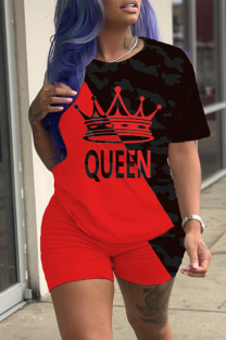 Black Red Fashion Casual Print Basic O Neck Short Sleeve Two Pieces