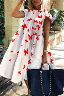 White Casual Sweet Print Patchwork O Neck A Line Dresses