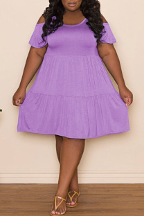Purple Casual Solid Patchwork Fold O Neck A Line Plus Size Dresses