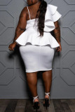 White Elegant Solid Patchwork Flounce Asymmetrical Asymmetrical Collar One Step Skirt Plus Size Dresses