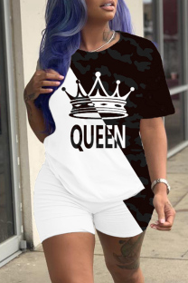 Black White Fashion Casual Print Basic O Neck Short Sleeve Two Pieces