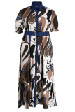 Coffee Casual Print Patchwork Buckle Turndown Collar Straight Plus Size Dresses