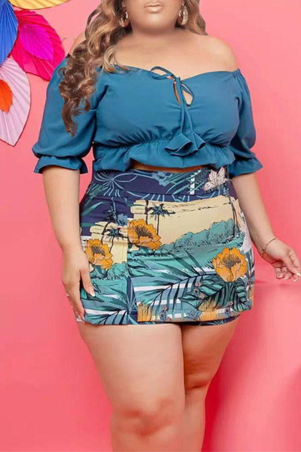 Blue Sexy Print Patchwork Off the Shoulder Plus Size Two Pieces