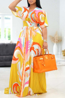 Yellow Fashion Casual Print Patchwork V Neck Short Sleeve Dress