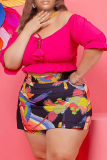 Pink Sexy Print Patchwork Off the Shoulder Plus Size Two Pieces
