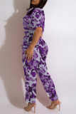 Purple Casual Camouflage Print Patchwork Turndown Collar Harlan Jumpsuits