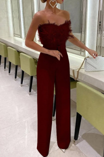 Burgundy Sexy Solid Patchwork Feathers With Belt Strapless Straight Jumpsuits(Contain The Belt)