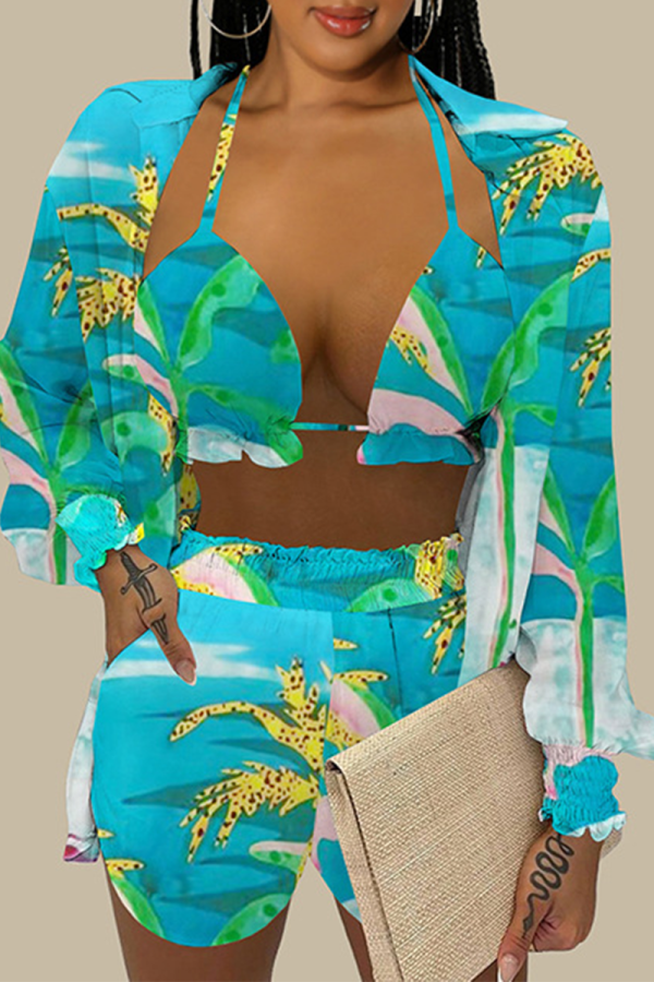 Sky Blue Casual Print Patchwork Halter Long Sleeve Three Pieces