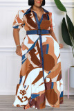 Tangerine Casual Print Patchwork Buckle Turndown Collar Straight Plus Size Dresses