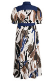 Colour Casual Print Patchwork Buckle Turndown Collar Straight Plus Size Dresses