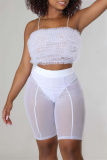White Fashion Sexy Solid Patchwork See-through Backless Spaghetti Strap Sleeveless Two Pieces