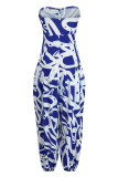 Blue Fashion Sexy Casual Print Backless Strapless Regular Jumpsuits
