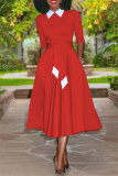 Red Fashion Casual Solid Patchwork Turndown Collar Long Sleeve Dresses