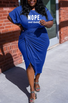 Blue Casual Print Patchwork Fold Asymmetrical O Neck One Step Skirt Plus Size Dresses