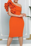 Orange Fashion Sexy Solid Patchwork Backless Oblique Collar Evening Dress