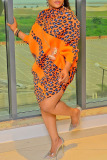 Orange Fashion Casual Print Patchwork Asymmetrical Oblique Collar Irregular Dress Dresses