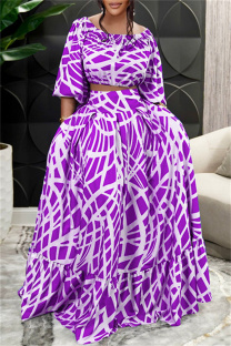 Purple Fashion Casual Print Patchwork O Neck Plus Size Two Pieces