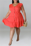 Red Fashion Casual Plus Size Solid Patchwork V Neck Sleeveless Dress
