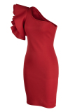 Red Fashion Sexy Solid Patchwork Backless Oblique Collar Evening Dress