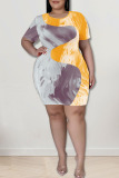 Apricot Casual Print Patchwork O Neck One Step Skirt Plus Size Dresses