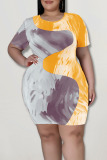 Yellow Casual Print Patchwork O Neck One Step Skirt Plus Size Dresses