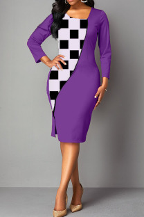 Purple Casual Elegant Print Patchwork Slit Asymmetrical Collar One Step Skirt Dresses