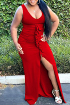 Red Sexy Solid Slit Fold Stringy Selvedge U Neck Asymmetrical Dresses