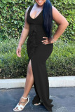 Black Sexy Solid Slit Fold Stringy Selvedge U Neck Asymmetrical Dresses