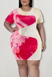 Fuchsia Casual Print Patchwork O Neck One Step Skirt Plus Size Dresses