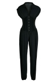 Black Sexy Solid Hollowed Out Patchwork V Neck Regular Jumpsuits