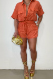 Tangerine Casual Solid Patchwork Buckle Turndown Collar Short Sleeve Two Pieces