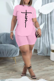 Pink Casual Print Draw String O Neck Short Sleeve Two Pieces